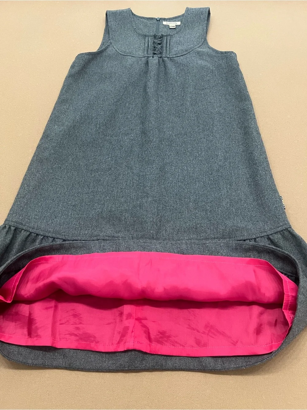 Burberry Girls Wool Jumper Dress Gray with Check Trim & Pink Lining Size 12-14yr
